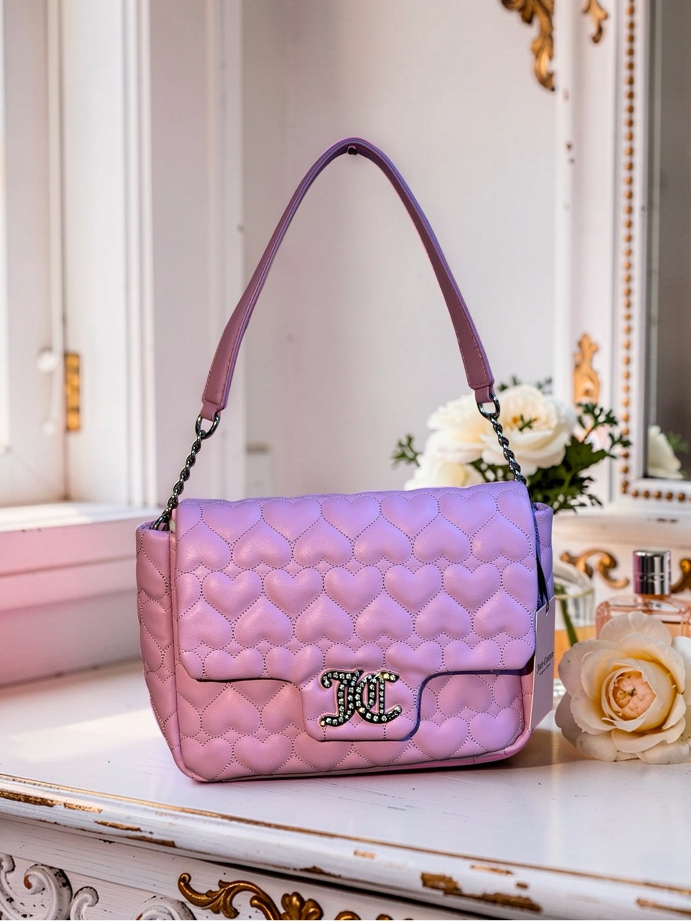 Juicy Couture NWT Lilac Quilted Heart Shoulder Bag Rhinestone JC Accent (P266)